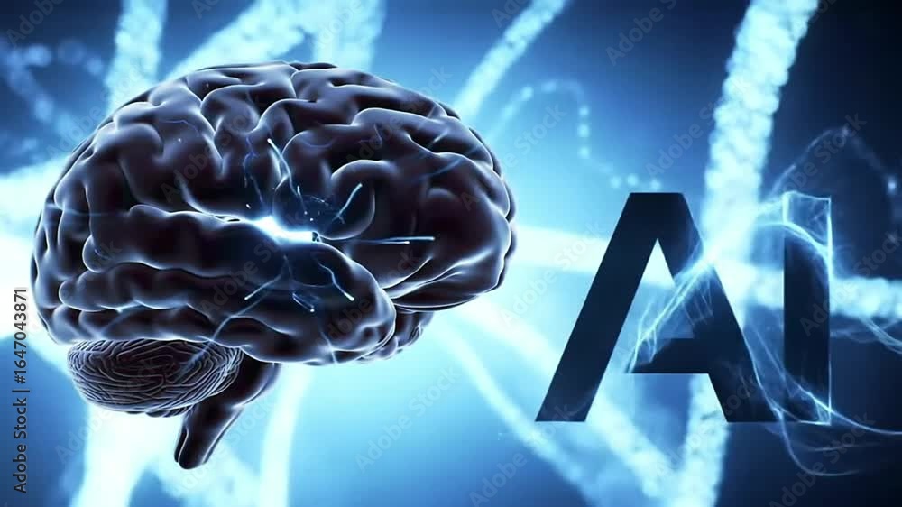 Poster a 3d brain image alongside the letters ai with bright blue light highlighting neural connections and