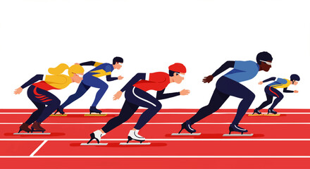 Diverse group of male and female speed skaters in colorful uniforms competing in a dynamic race.