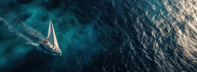Aerial view of white yacht moving through vibrant blue sea with visible water trail.