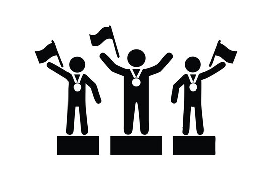 Winner podium silhouette icons with medals and flags