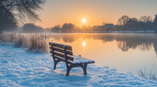 Serene Winter Scene with Sunset Over a Frozen Lakeside Park, Capturing the Beauty of Dawn - Powered by Adobe