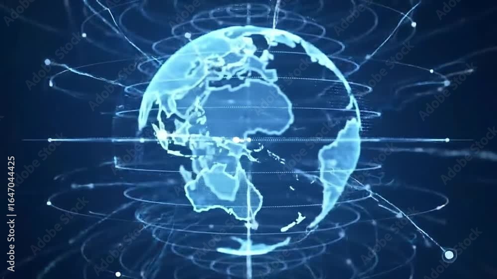 Poster a blue digital rendering of the earth with radiating circles and connecting lines around it