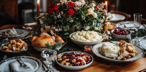 Festive Holiday Dinner Table with Roast Turkey Mashed Potatoes Cranberry Sauce and Floral Centerpiece
