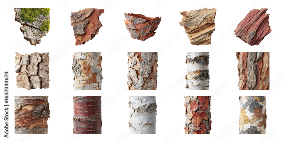 Poster tree bark texture samples set. natural patterns and textures collection isolated on transparent back