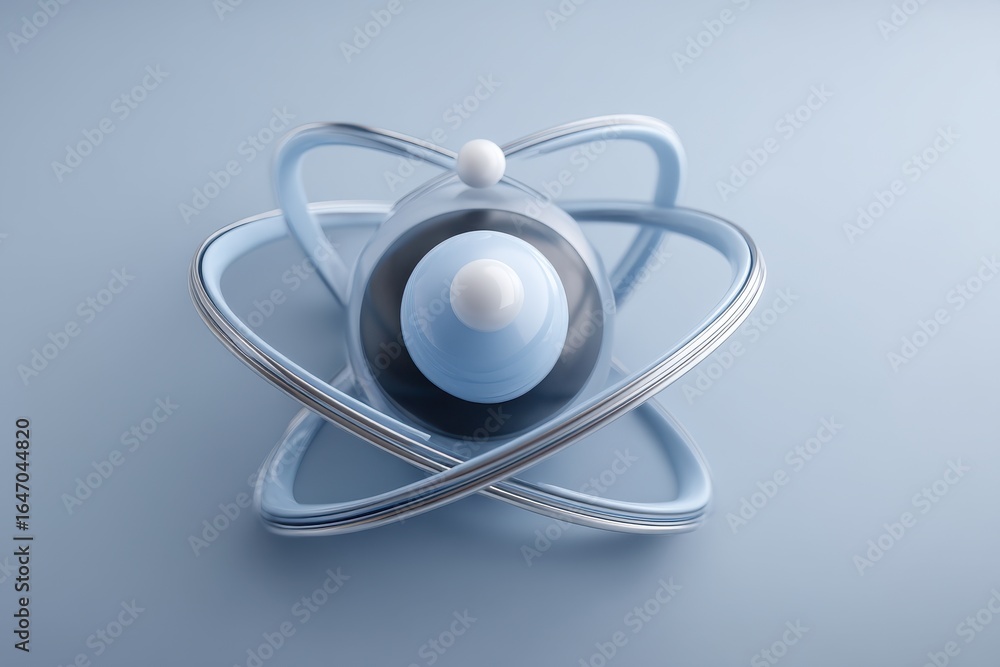 Poster 3d model of a stylized atom with orbiting particles