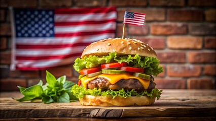A patriotic burger featuring the american flag, set against a brick wall, symbolizing american cuisine and national pride