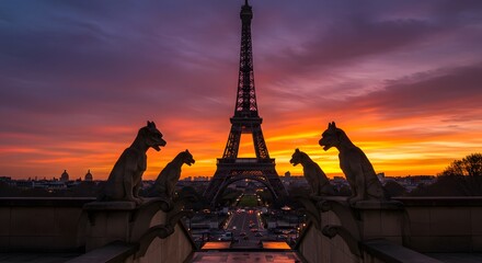Eiffel Tower and Trocadero Gargoyles at Dramatic Sunset