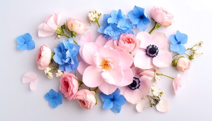 Delicate Arrangement of Pink and Blue Flowers on Light Background