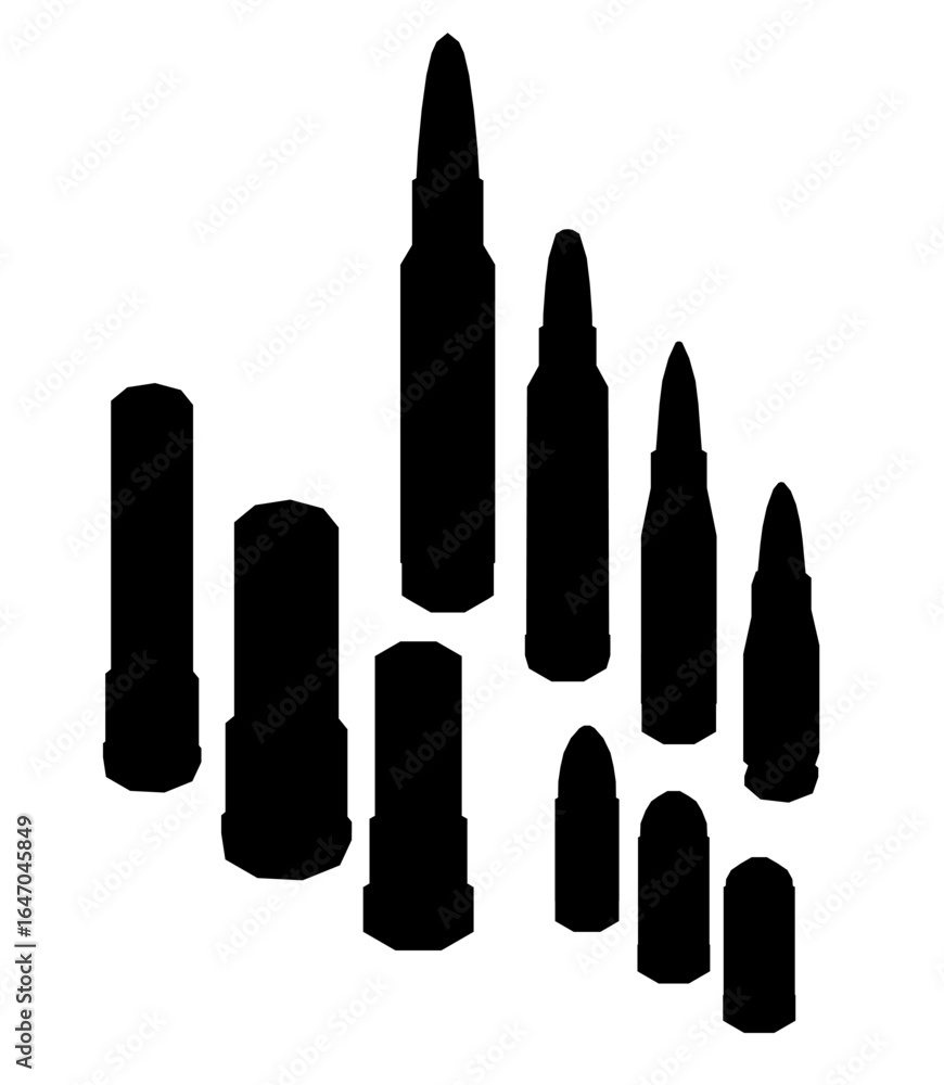 Poster black and white silhouette of multiple bullets arranged in a striking pattern against a clean white 