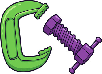 Cartoon Green Clamp and Purple Bolt Separated