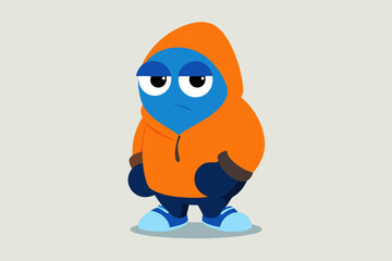 Fototapeta premium Sad blue cartoon character wearing an orange hoodie and sneakers