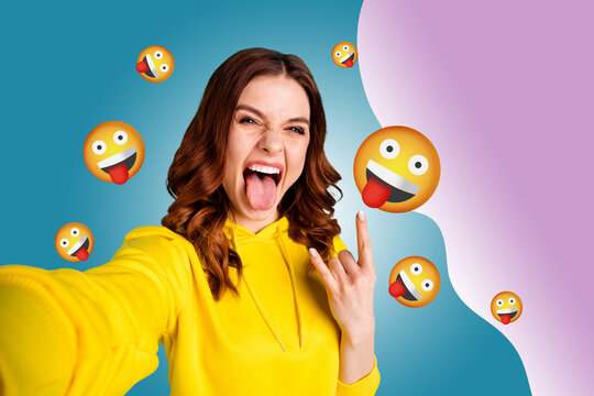 Collage of person surrounded by floating emoji icons expressing fun and different emotions happy joy angry oops lol