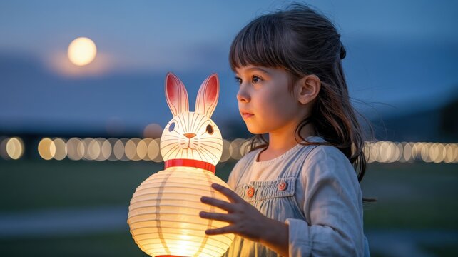 Young caucasian girl holding bunny lantern at sunset, Mid-Autumn Festival celebrate - Powered by Adobe