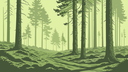 Obraz premium Green forest landscape illustration with tall trees and a path for wallpaper or background design use