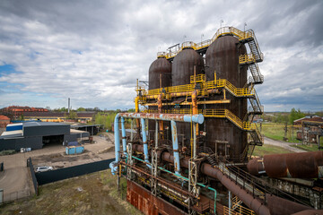 Abandoned Heavy Industrial Ruins with Large Blast Furnace in Steelworks