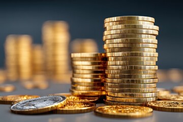 Stacks of Shiny Gold Coins on a Table, Financial Wealth and Investment
