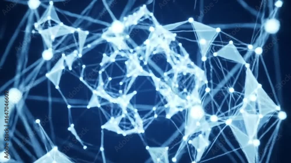 Poster a complex network of interconnected glowing nodes and lines against a dark blue background