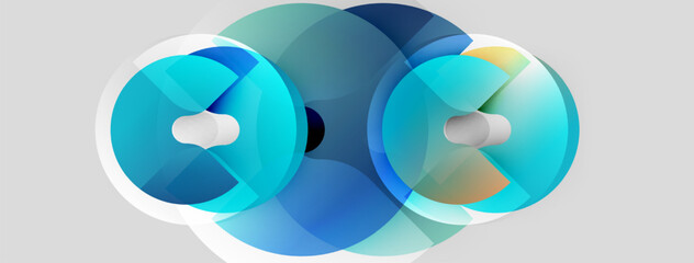 Abstract circles overlap, creating layered blue, teal hues. Soft gradients suggest depth, light interplay. Modern design element.