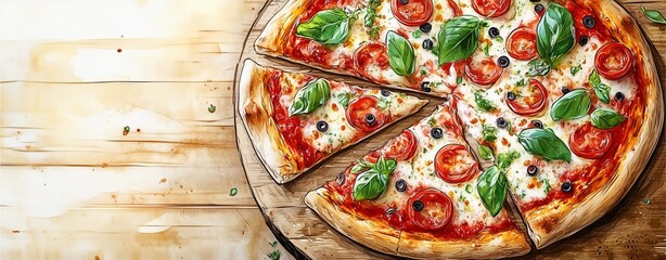 watercolor delicious pizza on rustic wooden table, flat design vector style with bold outlines and vibrant color palette, perfect for menu graphics