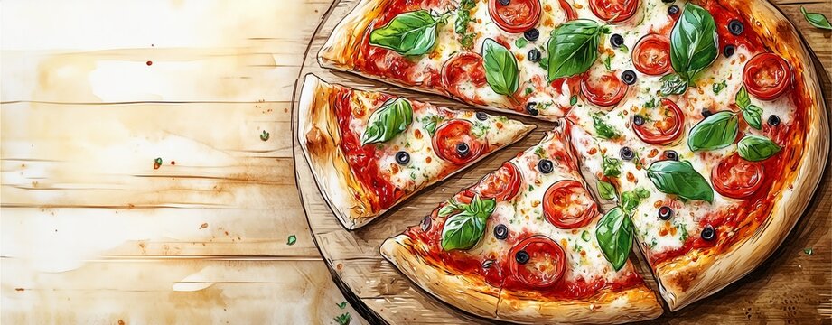 watercolor delicious pizza on rustic wooden table, flat design vector style with bold outlines and vibrant color palette, perfect for menu graphics