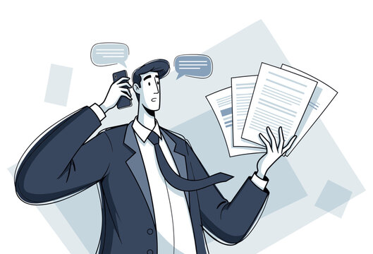 Busy businessman multitasking, juggling phone calls and paperwork. Vector line art illustration of a stressed office worker managing tasks.