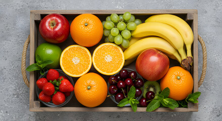 Fresh Fruit Crate with Strawberries, Oranges, Grapes, and Bananas