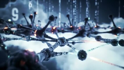 A dark network of linked nodes stretches across a cloudlike backdrop punctuated by colorful light and falling digital code - Powered by Adobe