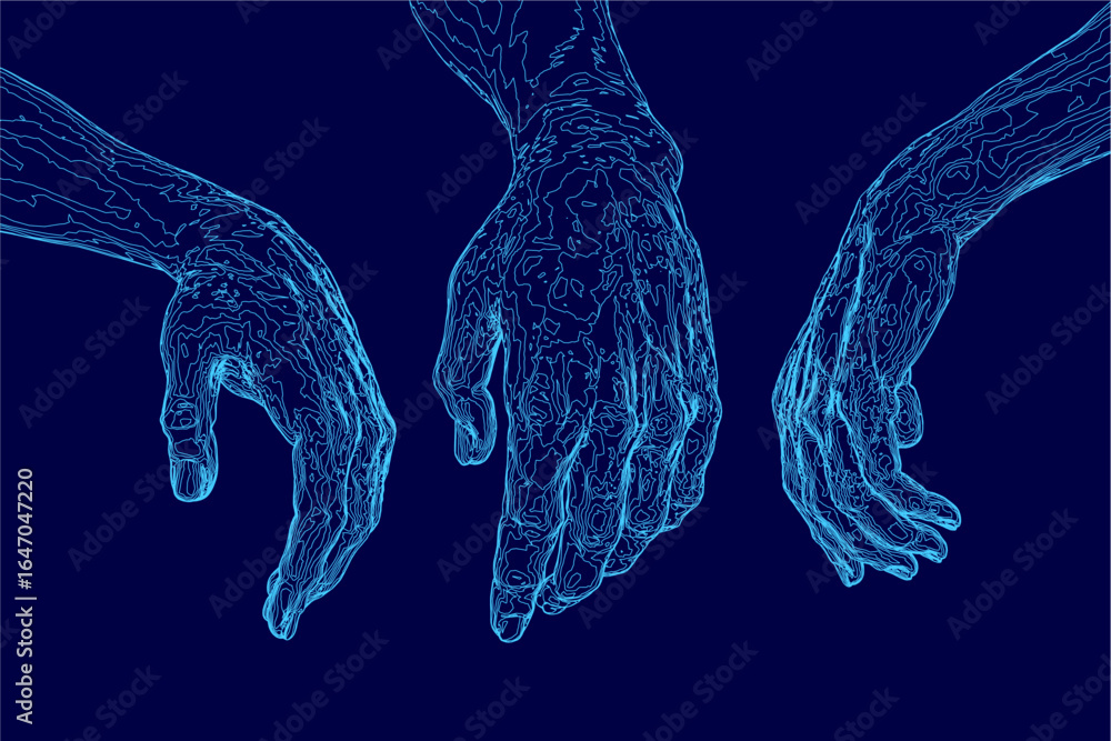 Poster three hands extend toward each other with a 3d wireframe effect on a blue background. the animated c