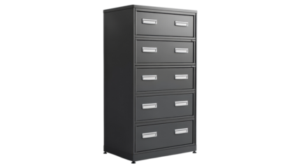 A sleek black filing cabinet with four drawers provides efficient storage in a modern office