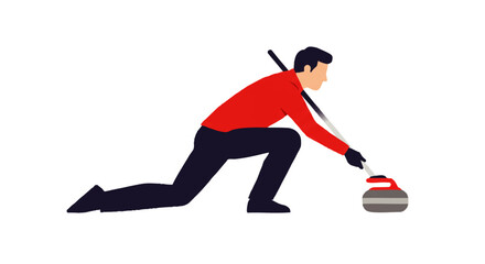 Obraz premium Male curler in a red shirt and dark pants lunging to deliver a grey curling stone with a broom.