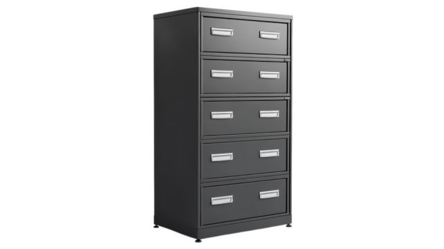 A sleek black filing cabinet with four drawers provides efficient storage in a modern office
