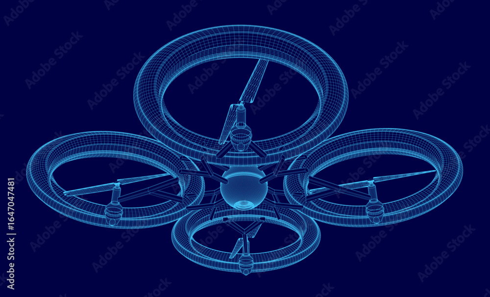 Aufkleber a sleek 3d wireframe drone model with four propellers and a front-mounted camera stands out against 