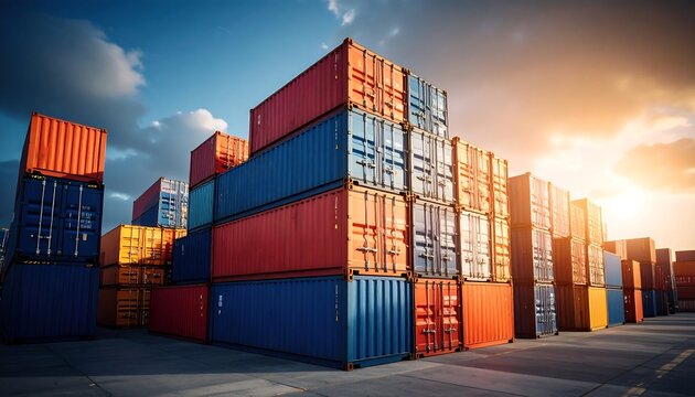 Colorful Shipping Containers at Sunset, Global Trade Logistics