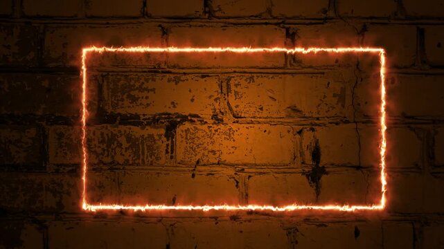 A frame glowing with orange neon firelight against an old brick wall. 4K video