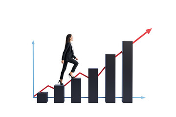 Confident businesswoman in suit climbing staircase of bar chart columns with red upward arrow,...
