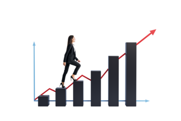 Confident businesswoman in suit climbing staircase of bar chart columns with red upward arrow, symbolizing business growth and achievement
