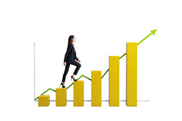 Confident businesswoman ascending yellow bar chart like stairs with upward arrow line on white...
