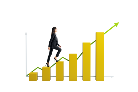 Confident businesswoman ascending yellow bar chart like stairs with upward arrow line on white background, symbolizing career growth and success