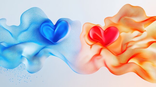 Abstract representation of love with blue and red hearts surrounded by flowing colors and textures - Powered by Adobe