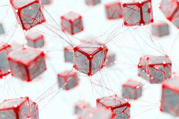 Abstract representation of interconnected 3D cubes with red outlines and nodes, symbolizing technology and innovation