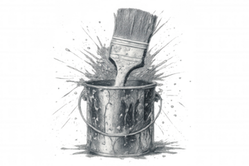 Vintage style illustration of a paintbrush splashing in a metal paint can, with dynamic splashes and a transparent background, perfect for creative projects