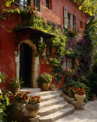 Charming Red Villa with Lush Greenery and Colorful Flowers