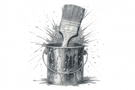 Vintage style illustration of a paintbrush splashing in a metal paint can, with dynamic splashes and a transparent background, perfect for creative projects