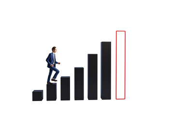 Businessman in suit ascending black bar graph steps, isolated on white, symbolizing growth, ambition, and strategic career achievement