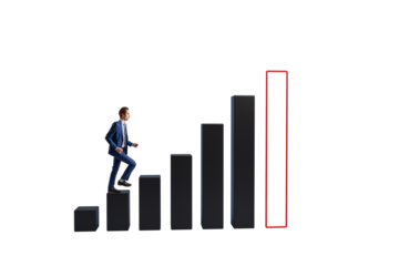 Businessman in suit ascending black bar graph steps, isolated on white, symbolizing growth, ambition, and strategic career achievement