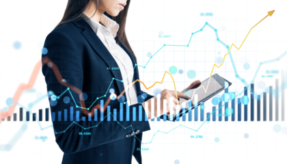 Woman in business suit using a tablet with forex and stock market charts overlaid, on white background. Concept of digital financial analysis