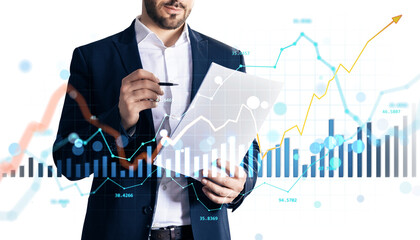 Businessman holding paper report with financial charts and graphs overlayed, modern graphic style...