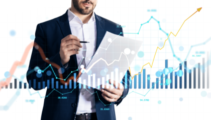 Businessman holding paper report with financial charts and graphs overlayed, modern graphic style on white background, concept of market analysis