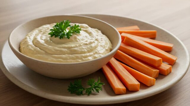 Hummus dip served with fresh carrot sticks on a plate  