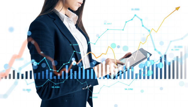Woman in business suit using a tablet with forex and stock market charts overlaid, on white background. Concept of digital financial analysis - Powered by Adobe